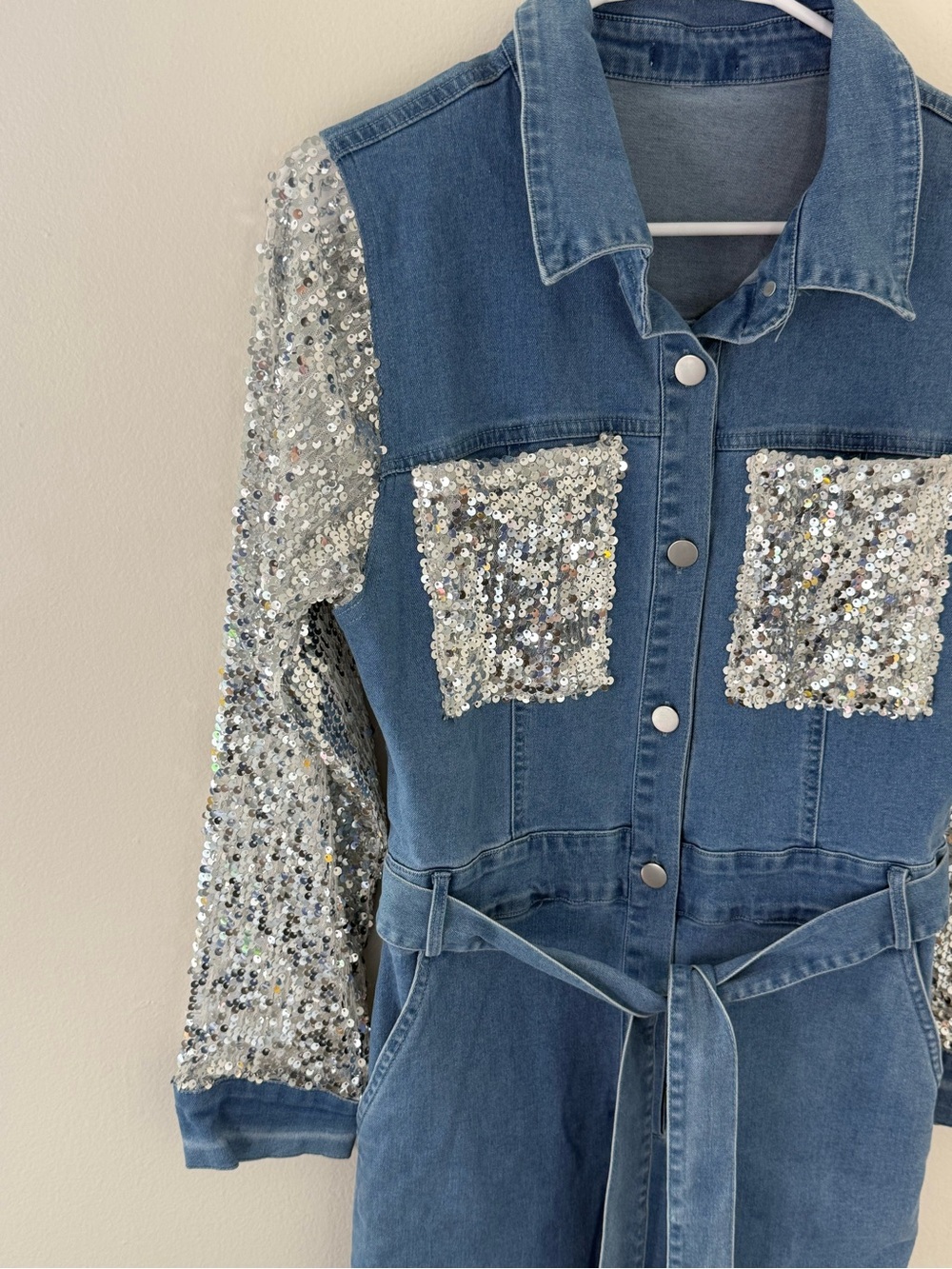 $120 Blue Velvet Denim Jumpsuit with sequins! Size Small! NWOT - Picture 3 of 5